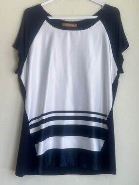Ellen Tracy Navy and White Short Sleeve Raglan Stripe Top